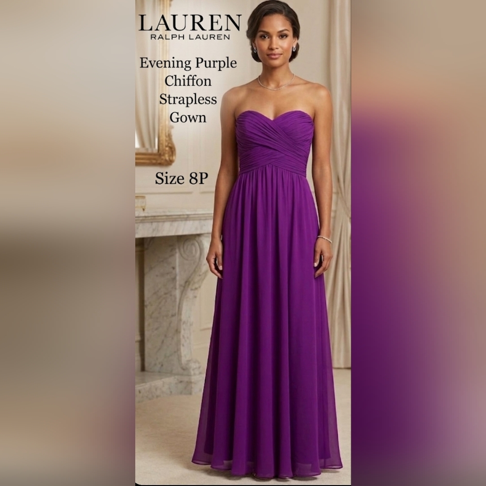 Lauren Ralph Lauren Evening Purple Chiffon Strapless Gown 8P